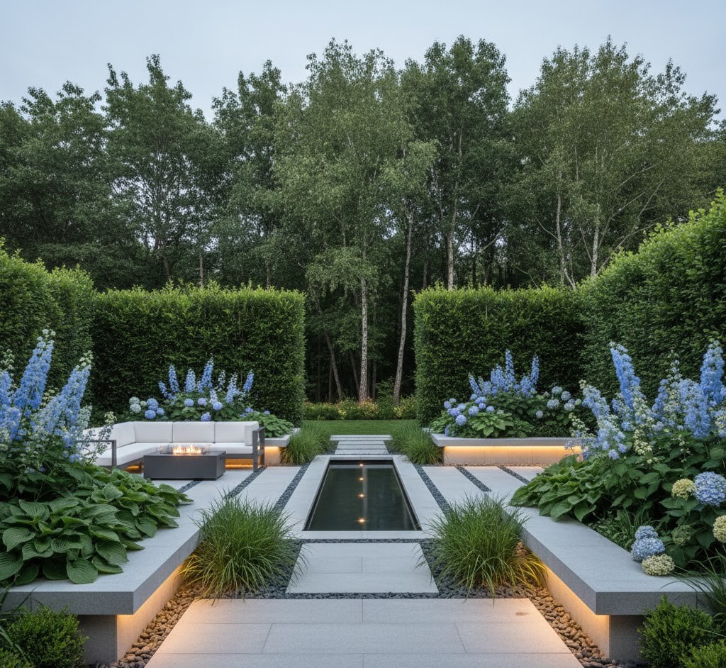 Modern garden with water feature